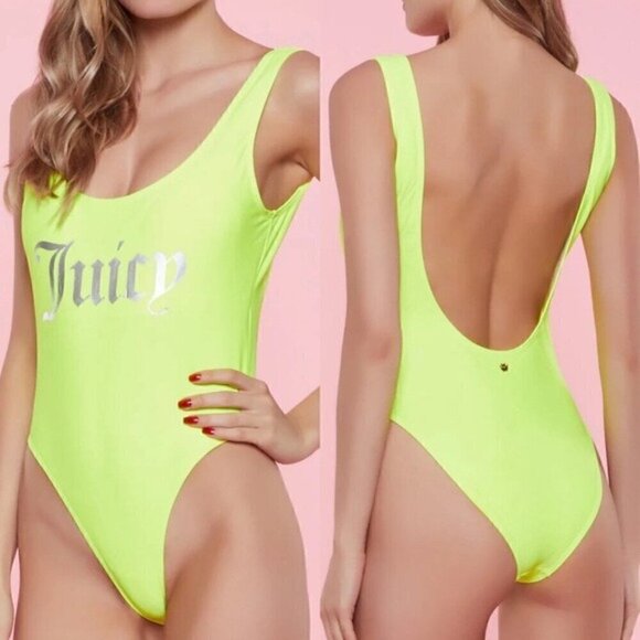 NWT Juicy Couture Neon Green Open Back Sexy One Piece Bathing Suit Size Medium - Picture 1 of 8